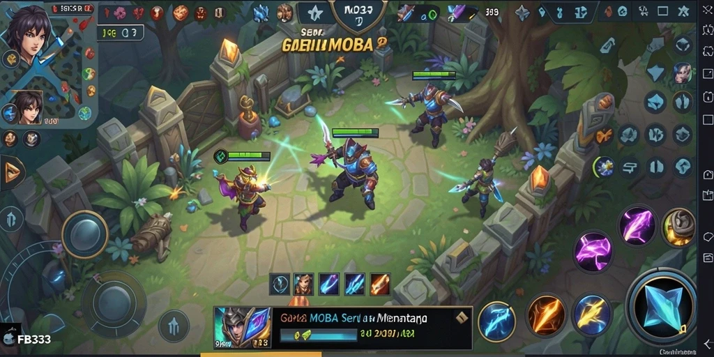 Screenshot FB333 menunjukkan aksi pertempuran yang mendebarkan dalam arena MOBA.