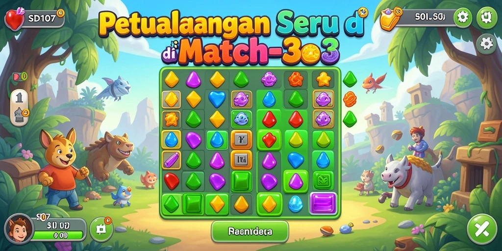 Tampilan gameplay menarik dalam game Match-3 dengan efek visual yang memukau.