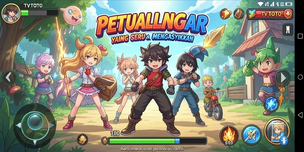 Tampilan gameplay menarik di dalam TVTOTO dengan karakter anime yang penuh warna.